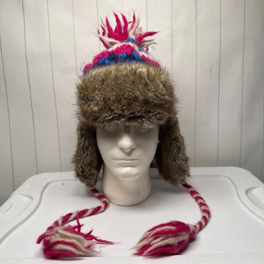 Y2K American Eagle Wool/Alpaca Knit Trapper Hat Faux Fur Trim Ski‎ Snow Winter